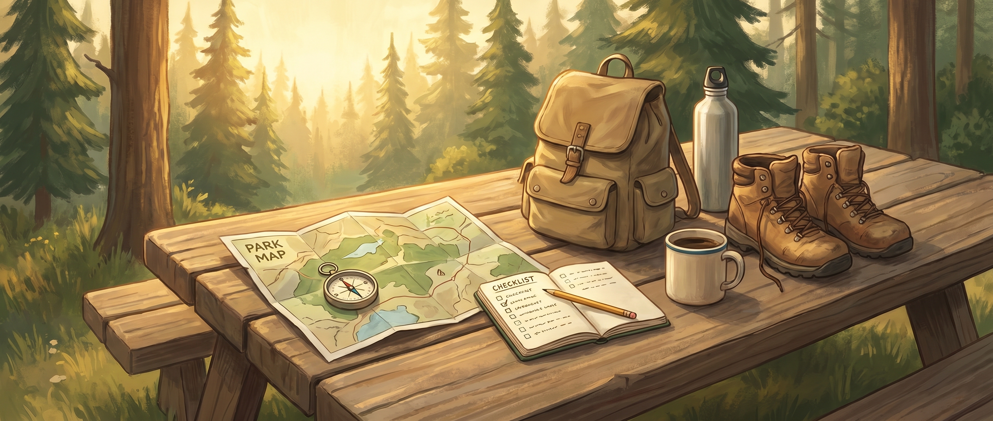 Camp planning gear on a picnic table