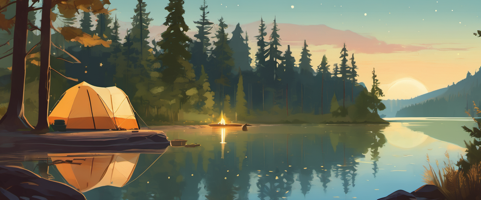A lakeside campsite at dusk