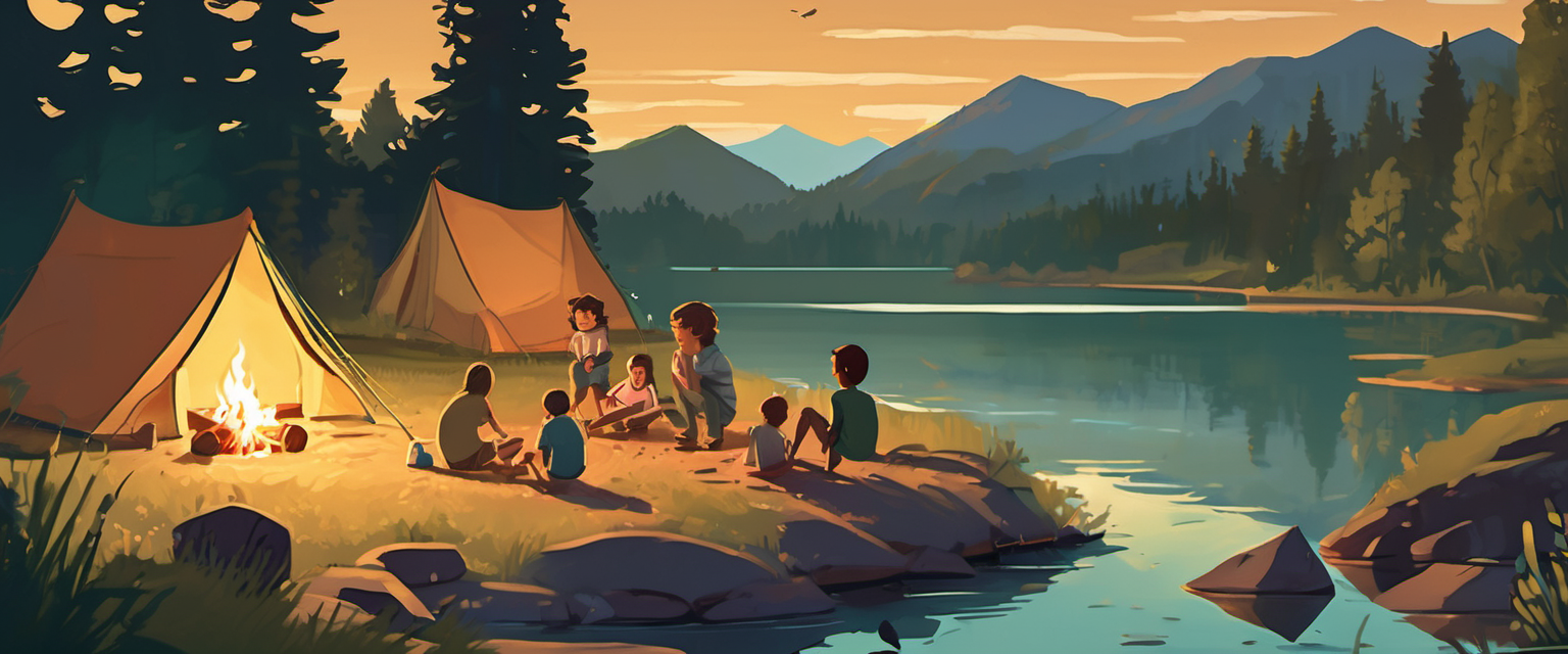 Kids around a campfire by the lake at dusk