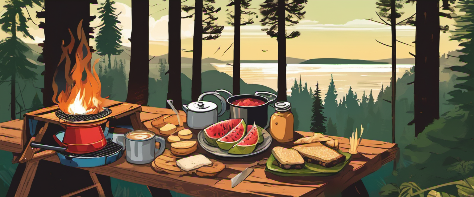 Campfire cooking spread on a picnic table